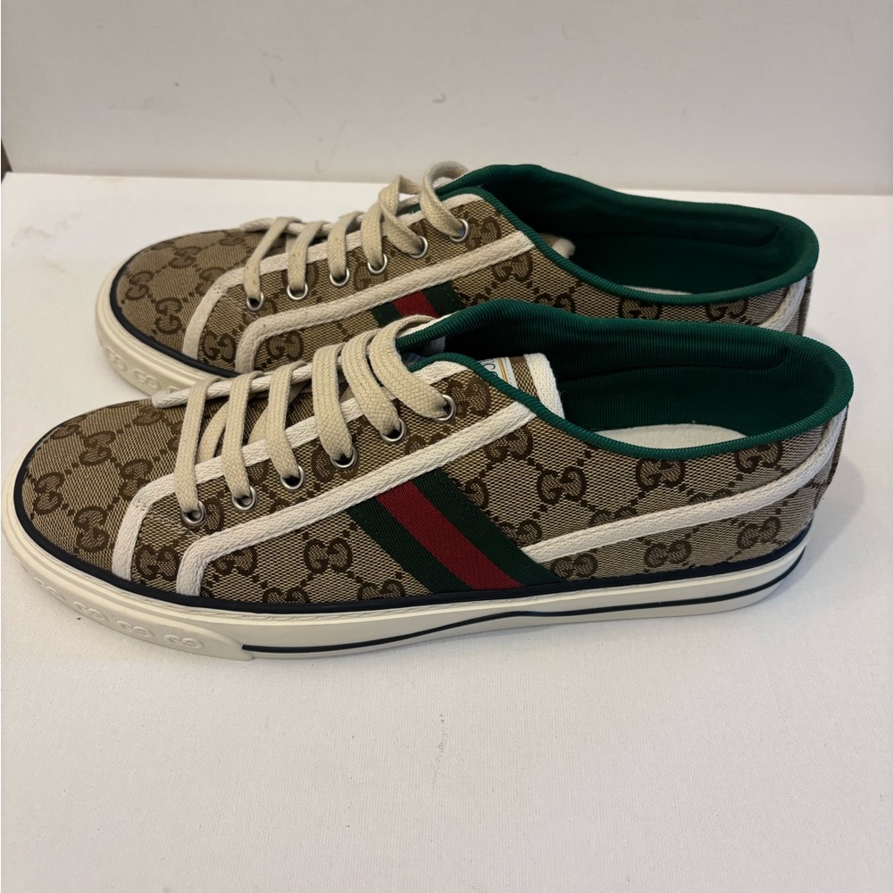 Gucci Beige and Green Logo Sneakers plateform - Picture 4 of 11